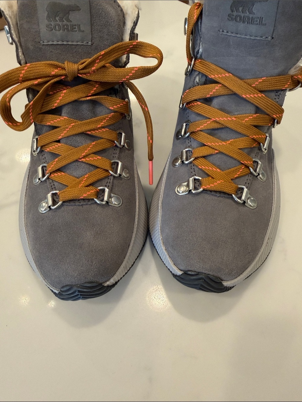 Sorel Gray Suede Shearling-Lined Waterproof Winter Boots with Tan Laces